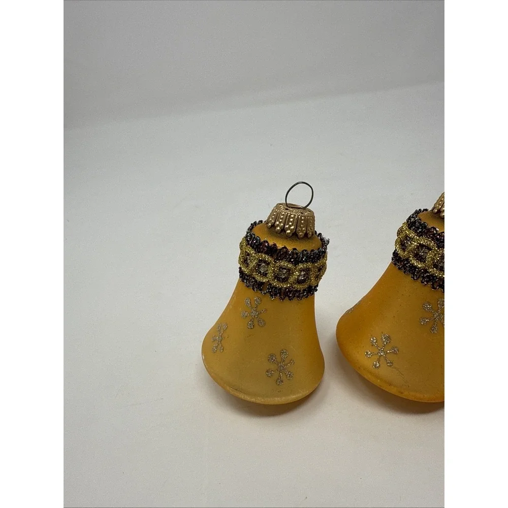 Vintage West Germany 3‎ Bells Stenciled Red Gold Glittered Blown Glass Ornaments